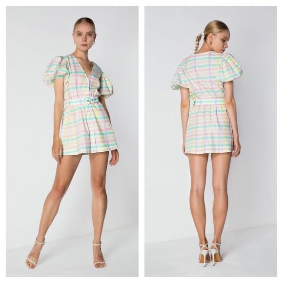 NWT S/W/F Pastel Multicolor Gingham Mini Dress Sz S Puff Sleeve Belted Cotton - Picture 1 of 8